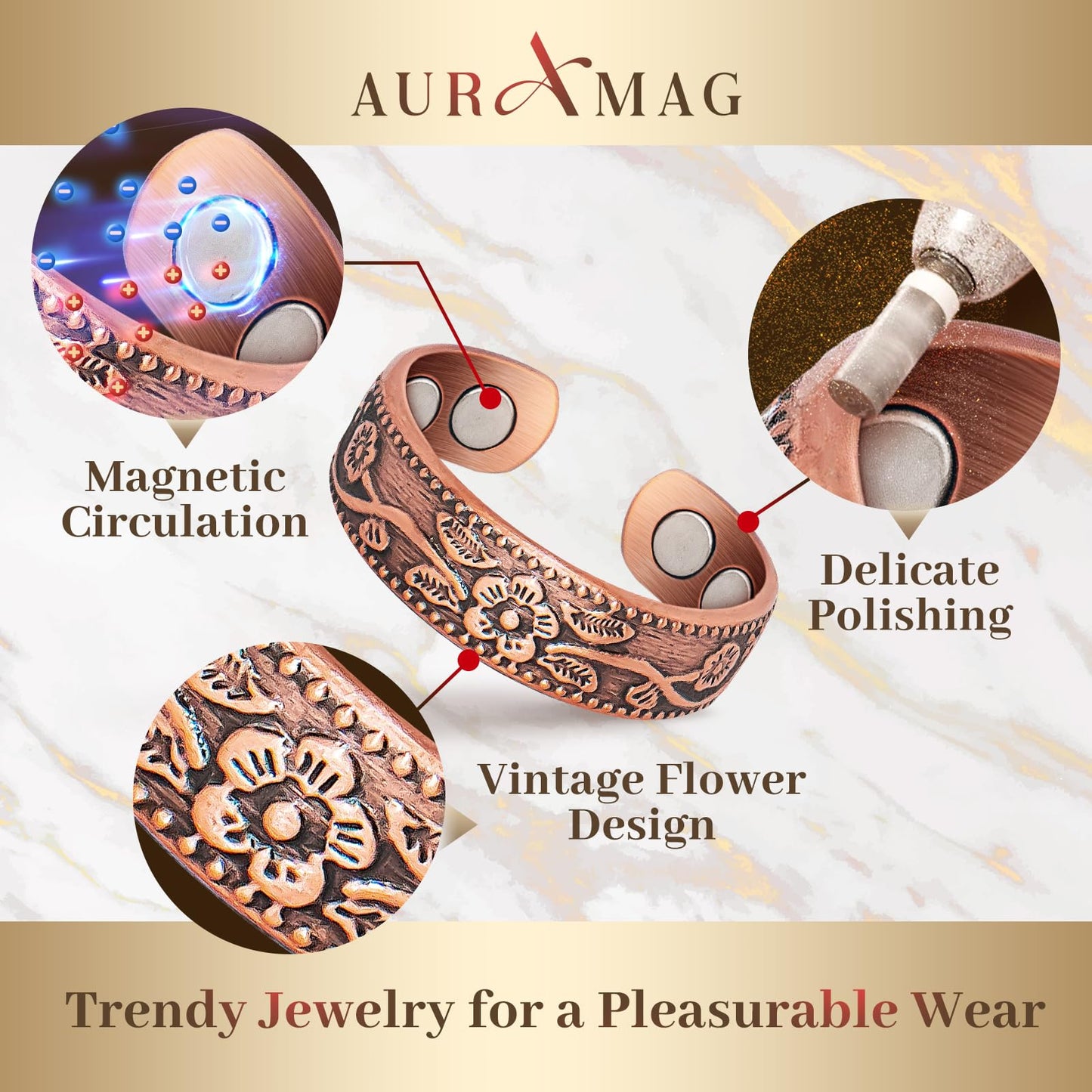 Copper Band for Women, Magnetic Bands with 3500 Gauss Magnets, 99.99% Pure Copper Jewelry with Gift Box