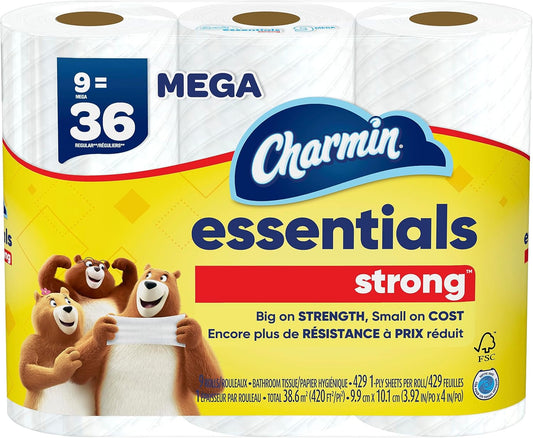 Charmin Essentials Strong Toilet Paper - 9 Mega Rolls (Equivalent to 36 Regular Rolls)