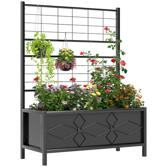 Outsunny Planter Box with Trellis, 35.4 x 15.7 x 47.2 inch Raised Garden Bed with Drainage Holes, Planters for Outdoor Plants, Vegetables, Flowers, Herbs, Trellis Planter, Black