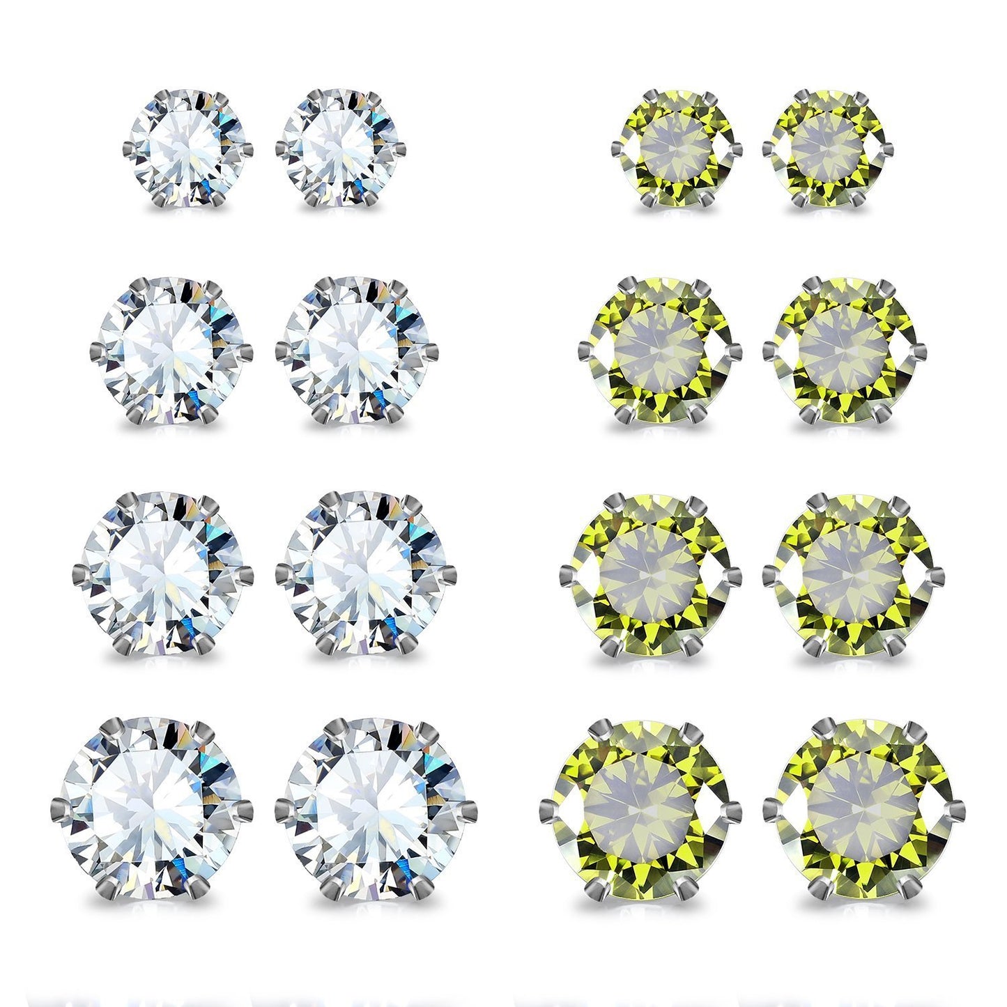 JewelrieShop Earrings for Women Studs Set Stainless Steel CZ Earing Hypoallergenic Multiple Piercing Ear Stud (8 pairs,4-8mm,White,Green CZ)