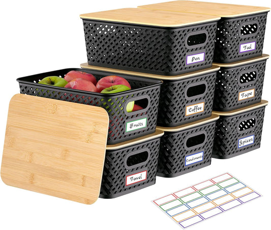 Anysig Plastic Storage Bins - 8 Pack Stackable Baskets with Bamboo Lids for Organizing | Black