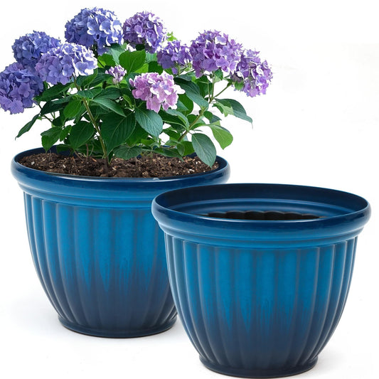 Ultym 15" Outdoor Large Flower Pots (Set of 2), Gradient Blue Plastic Planters with 3D Texture, Weather-Resistant for Garden, Patio, Porch or Indoor Use