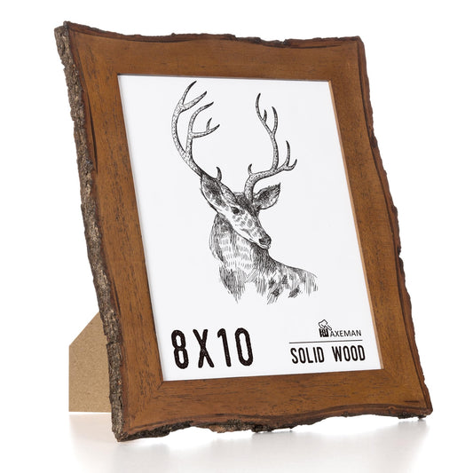 Axeman 8x10 Live Edge Picture Frame, Solid Rustic Handcrafted Wood Frame with Real Bark Edges & High Definition Glass Front, Farmhouse Decor for Tabletop or Wall Display