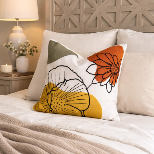 AYAY Decorative Velvet Throw Pillow Cover 18x18 Inch – Beige with Yellow, Rust & Olive Embroidered Floral Design, Earthy Boho Accent Cushion, Hidden Zipper, Cover Only