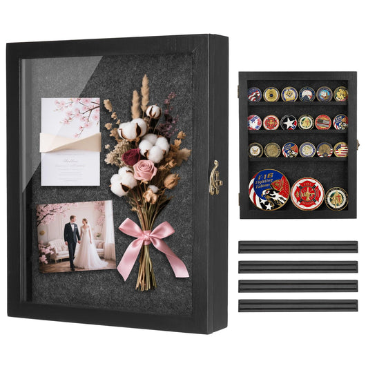 Black Shadow Box Frame 11X14 with Shelves, Medal/Challenge Coin Display Case, Pet Memorial/Wedding Shadow Box, Best Anniversary/Birthday/Bridal Shower/Engagement/Wedding Registry/House Warming Gifts