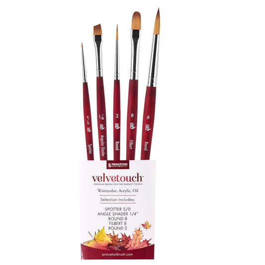 Princeton Velvetouch Series 3950 - 5pc Professional Paint Brushes for Acrylic Painting - Oil, Watercolor & Acrylic Paint Brushes Set - Spotter 5/0, Angle Shader ¼”, Round 8, Filbert 8, Round 2