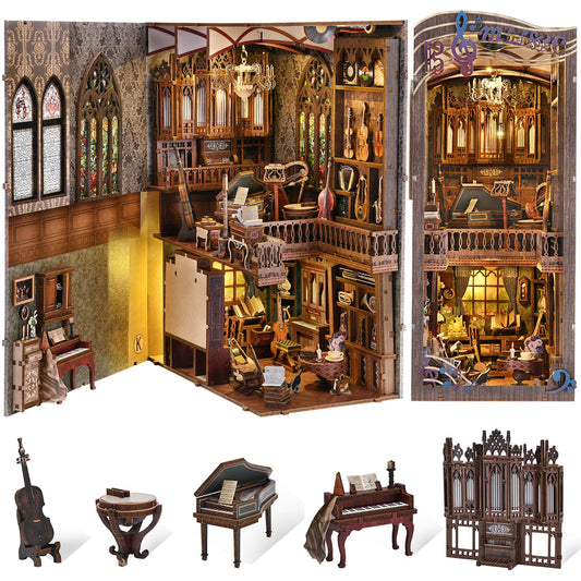 fifijoy Book Nook Kit - Timeless Melody DIY Miniature House Kit, 3D Wooden Puzzle Bookend Bookshelf with LED Light for Adults (Timeless Melody)
