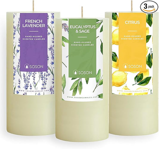 Simply Soson 3x6 in. Ivory Scented Candles Set of 3 - Eucalyptus Sage, Citrus, Rustic Lavander - Home Aromatherapy Decor