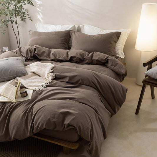 BDEAR 3 Pieces Light Chocolate Brown Duvet Cover Set Queen Size 90'' L x 90'' W, 100% Washed Cotton Duvet Cover with Zipper Closure Plus 2 Pillowcases, Oeko TEX Standard Certificated