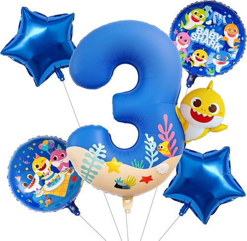 Baby Shark | PartyWoo Blue Foil Number 3 Balloon - 18 Inch Mylar Helium Birthday Decor for Kids