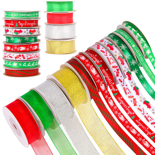 12 Rolls 120 Yards 3/8" Wide 3 Size Christmas Ribbon for Gifts Wrapping, Holiday Print Xmas Grosgrain Organza Satin Ribbon, Metallic Glitter Fabric Ribbons for Hair Bow Clip Accessory DIY Craft Decor