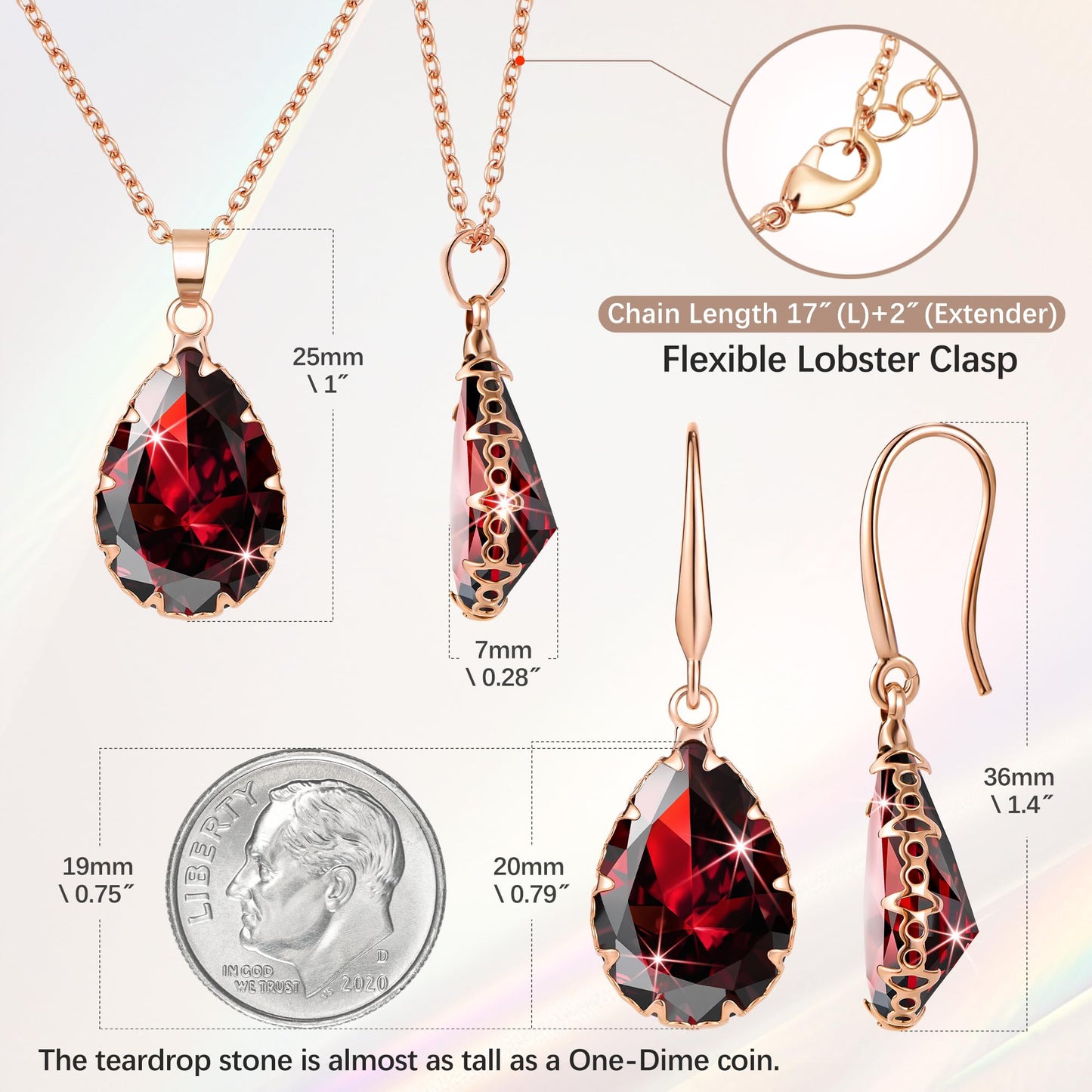 Linawe Ruby Crystal Jewelry Sets, Red Earring Necklace Rose Gold, Imitation Diamond Pendant Necklace, Rhinestone Dangle Earrings, Boho Wedding Rhinestone Cubic Zirconia Teardrop