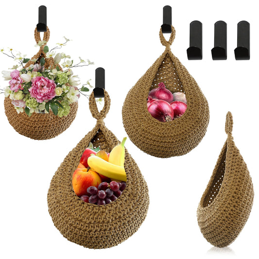 Velloray Hanging Fruit Baskets for Kitchen - Handwoven in 3 Sizes Boho Wall Hanging Basket with 3 Hooks, Bohemian Teardrop Jute Hanging Holder for Fruits Vegetable Potato Onion Storage