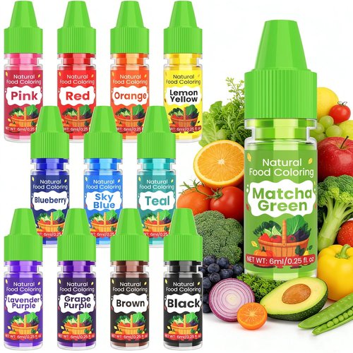 Natural Food Coloring - 12 Vibrant Liquid Dyes | FD&C & Artificial Dye Free, Food Grade for Baking & Decorating - 6ml Each