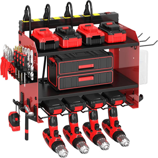 Power Tool Organizer by [Brand Name] - Wall Mount with Charging Station & 8 Outlet Power Strip | Heavy Duty 3-Layer Rack