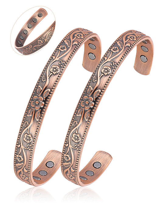 BioMag 2 Pcs Magnetic Copper Bracelet for Women Men, 99.99% Pure Copper Cuff Bangle with with 12 Pcs 3500 Gauss Magnets, Adjustable Size, Floral Vine Design