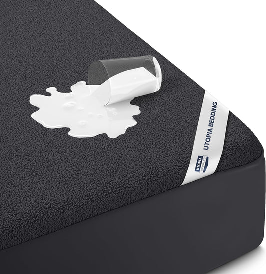 Utopia Bedding Twin Size Mattress Protector - Waterproof Terry Cover with Deep Pockets | Soft & Breathable Black