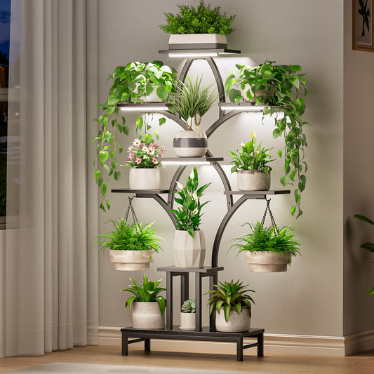 NEHAJUNXI Plant Stand Indoor with 4 Grow Lights - 63" Tall Plant Shelf- 8 Tiered Corner Plant Flower Stands Display Shelves for Home, Patio (Black)