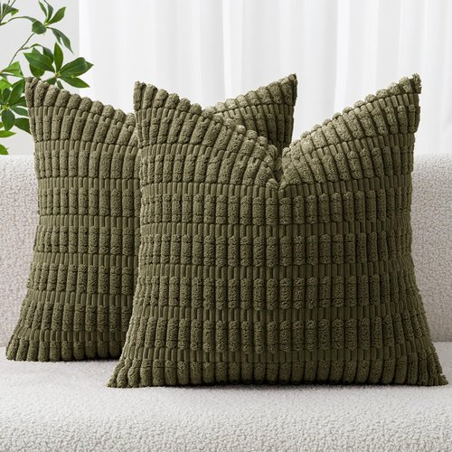 MIULEE Euro Sham Pillow Covers - Soft Boho Striped Corduroy | 24x24 Inch Olive Green Decor for Living Room