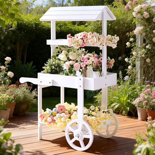 Sicrifety Flower Cart Display Stand with Wheels, 3-Tier Wooden Candy Cart for Party, White Dessert Cart with Canopy Roof for Weddings, Bridal Shower, Baby Shower, Market & Event Decor