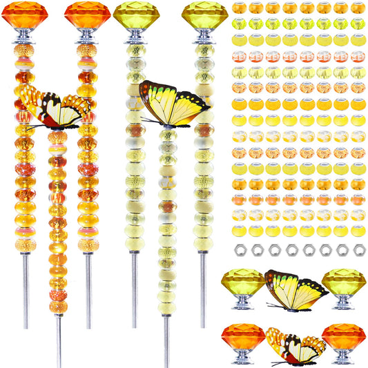 145 PCS Beaded Garden Stakes Kit, DIY Fairy Wand Garden Stake Beads Kits with Assortment Large Hole Beads 4 Crystal Stopper Top 2 Butterfly Tops and Threaded Rods for Outdoor Indoor Decor