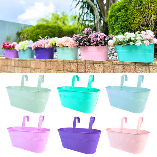 LaLaGreen Outdoor Hanging Planter (11.2 Inch, 6 Pack) Light Pink, Light Purple, Turquoise, Light Blue, Dark Purple, Cadet Blue Metal Iron Window Box Flower Pot Deck Railings Fence Porch Garden Decor