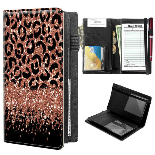 High Volume Server Books, Pink Leopards Glitter Server Book w/ 2 Expandable Pockets 9 x 5 Cute Waitress Book Zipper Pocket & Strap Closure Waitstaff Organizer Server Booklet Waiter Money Wallet