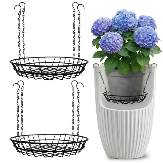 SUBENJI 2 Pack Adjustable Plant Risers for Large Tall Pots, 12-18" Planter Insert, False Bottom Pot Filler with 4 Hooks & Chains, Holds 48 lbs Rustproof Soil Saver for Indoor Outdoor Planters (Black)
