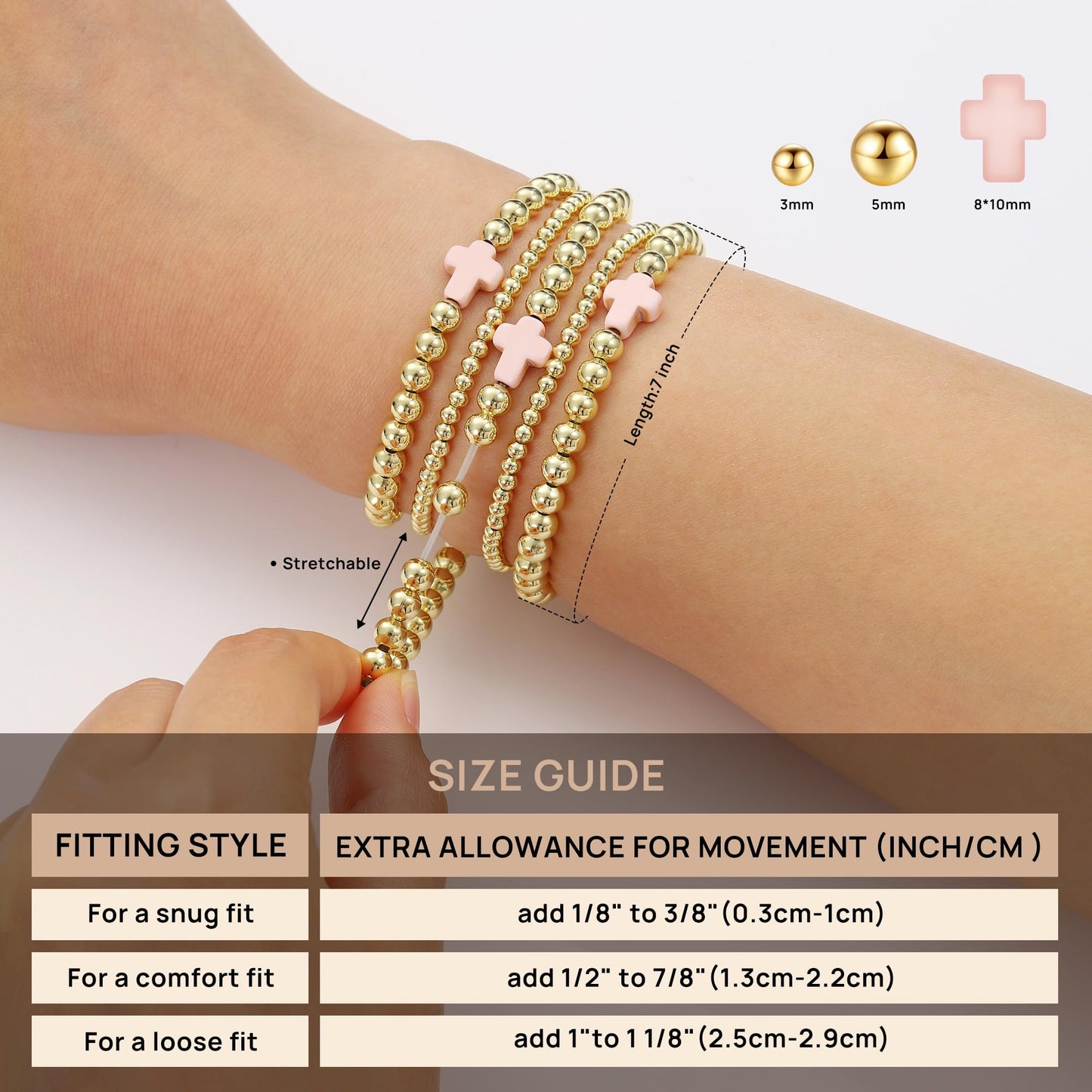 Yoosteel Gold Beaded Bracelets Set for Women - Easter Gifts 14k Gold Plated Dainty Round Beaded Cross Bracelet for Women Simplicity Stackable Jewelry Gifts（5 Pcs）