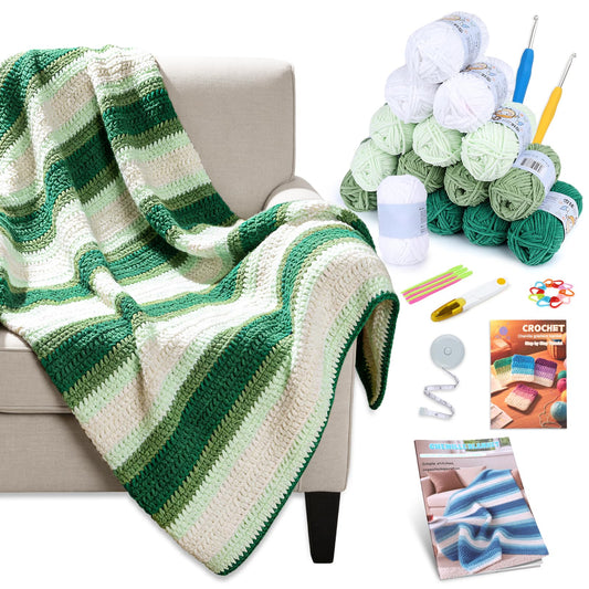 Reessy Crochet Blanket Kit for Beginners Adults – Gradient Green Ombre Throw Blanket Kit with Soft Chenille Yarn, Hooks & Instructions – Handmade Crochet Starter Set for Adults