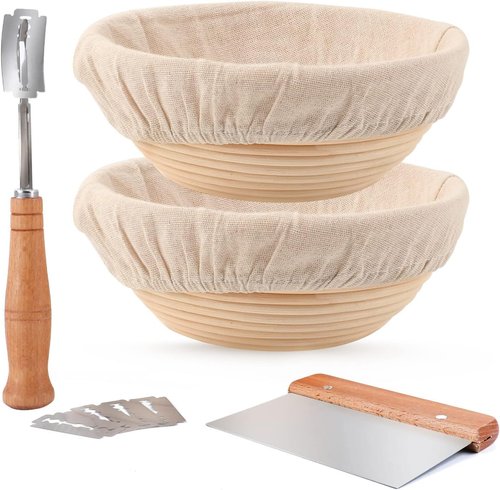 DOYOLLA Sourdough Bread Proofing Baskets - Dough Proofing Bowls Kit with Cloth Liner & Tools | Round, 8.5 Inch, Set of 2