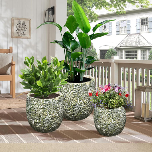ShangDemonMaster Craft flowerpots 18"+13"+9" Dia Round Concrete Planter Set of 3 Large Outdoor/Indoor Planter Pots Containers with Drainage Holes and Rubber Plug for Home Garden (Green, Large)