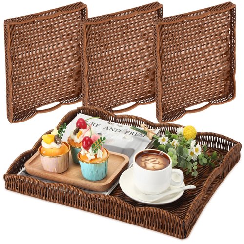 AceOrbit 4 Pcs Large Wicker Serving Tray Scalloped Wicker Rectangle Tray for Foods & Drinks, 16.5" Boho Rattan Decorative Serving Basket with Handle for Coffee Table Breakfast Modern Rustic Home Decor