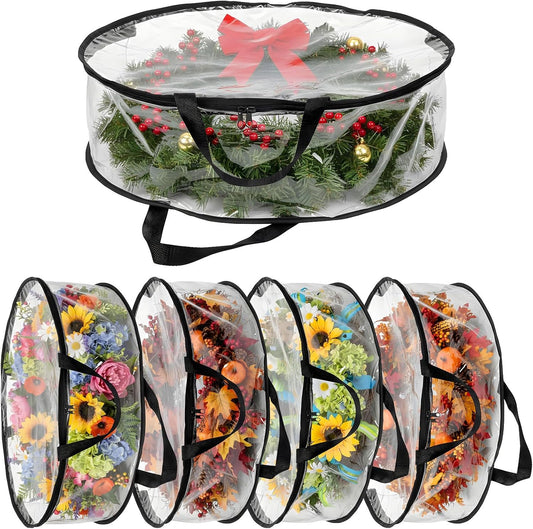 Regine Switzerland Wreath Storage Bags - 5 Pcs Waterproof PVC Containers for 24 x 8 Inch Christmas Wreaths | Black