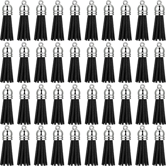 200 Pieces Keychain Tassels Faux Suede Leather Tassel Pendants Keychain Decoration Tassels with Loop for DIY Crafts Making Supplies (Black)