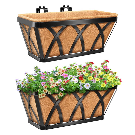 Riare 2 Pack 16 Inch Metal Railing Planter Window Box with Coco Liner- Adjustable Window Flower Boxes for Railings, Hanging Rail Planters for Deck, Balcony, Porch, Fence, Indoor Outdoor Plants