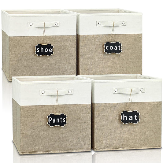 Dyvavna Storage Cubes,13x15x13 storage cube bins Set of 4,Foldable Fabric Storage Cubes with Labels,Linen Cube Storage Organizer Bins Kallax Storage Cubes for Organizing Shelves Cabinet(White Khaki).