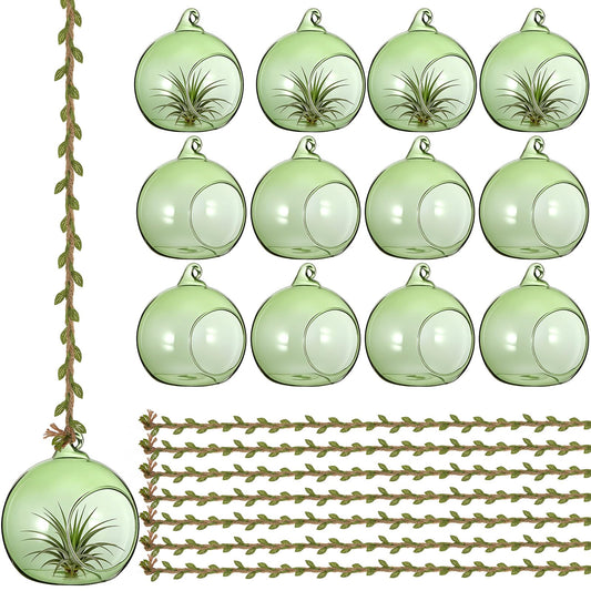 GlikCeil 13 Pcs 3.15'' Hanging Glass Candle Holder with Burlap Leaf Ribbon, Glass Orbs Air Plants Tea Light Candle Holders, Globe Plant Terrariums for Decor Indoor Outdoor Garden DIY (Green)