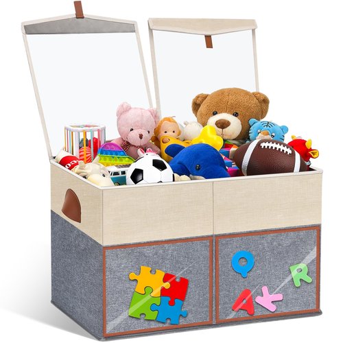 HISULIV 1 Pack Large Toy Storage Box with Clear Lids Collapsible Toys Chest Organizer Bin Basket with Adjustable Dividers for Kids Boys Girls Living Room Nursery Playroom Closet Beige and Grey
