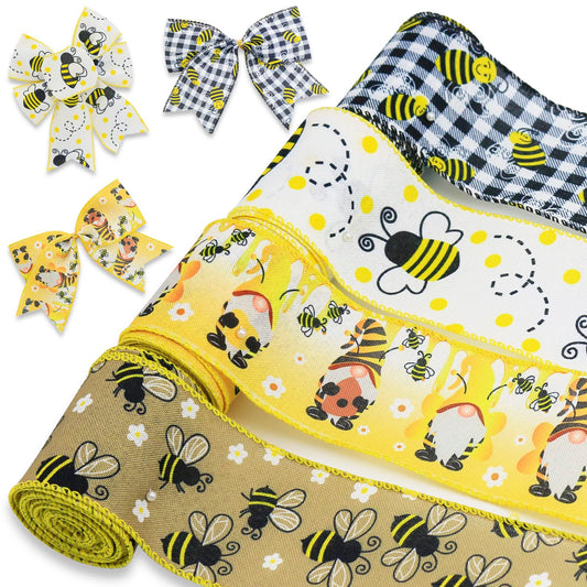 Bee Wired Edge Bumble Honey Bee Gnome Dot Yellow Wreath Ribbon for Summer Teachers' Day Easter Sewing DIY Craft Fabric Burlap Yellow Ribbon for Bows Wrapping Party Decorative