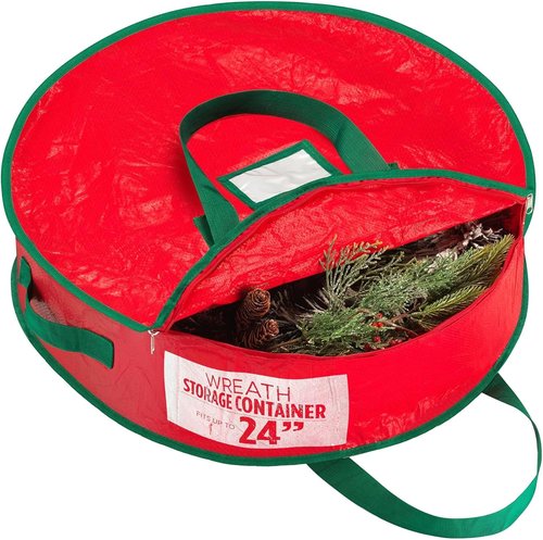 Handy Laundry Christmas Wreath Storage Bag - 24 Inch Durable Tarp Material with Zipper & Sturdy Handles, Red