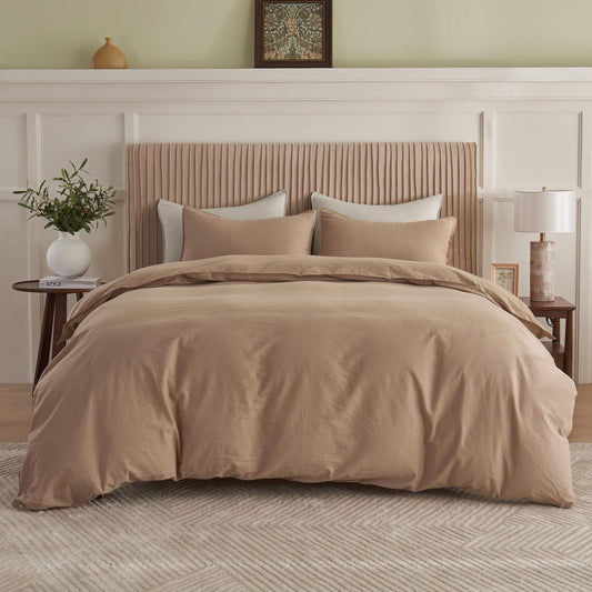 BISELINA French Linen Duvet Cover Set 3pcs Embroidered Willow Leaf 55% Flax 45% Cotton Blend Soft Breathable Luxury Bedding (Queen, Embroidery Navy Blue)