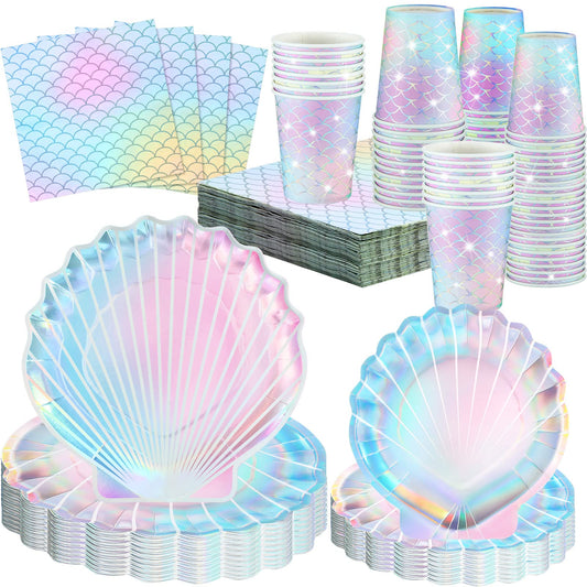 Hoolerry 200 Pcs Mermaid Party Supplies 7 Inch 9 Inch Disposable Paper Seashell Plates, Napkins and Cups Cutlery Dinnerware Set for Under The Sea Birthday Baby Shower Ocean Party Decoration, Sever 50