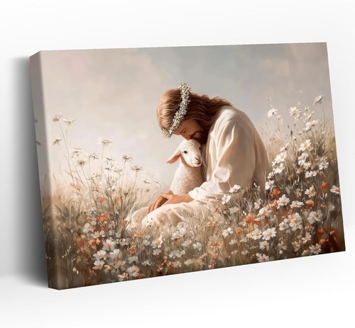 Jesus and the Lamb Canvas Wall Art - Christian Wall Decor with Framed Religious Prints for Home