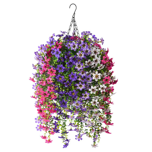 INQCMY Artificial Fake Hanging Plants Flowers Basket for Spring Outdoor Outside Porch Decoration,UV Resistant Faux Silk Flower in Planter for Home Patio Balcony Garden Yard Decor,Mixed Color