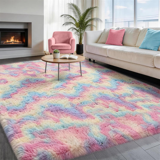 Ophanie Rainbow Rug - Colorful Fluffy Shag Area Rug for Kids | 4x6 Soft Unicorn Design