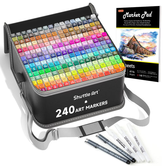 Shuttle Art 240 Colors Alcohol Markers, 239 Colors Dual Tip Art Marker Set Plus Colorless Blender, Micro-tip Pens, White Highlighter Pens, Marker Bag with Holders Perfect for Students Adults Coloring