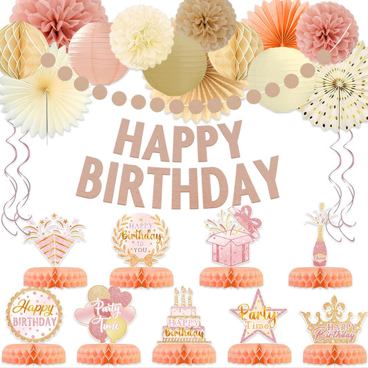 Birthday Party Decorations, Champagne Gold Beige Fall Boho Girl Birthday Decor, Rustic Backdrop Decor Autumn Neutral Retro Happy Banner with Paper Streamers Lanterns, Tissue Pom Poms Fan
