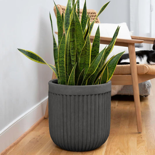 Ilyapa 14 Inch Large Fluted Modern Concrete Planter - 14x14 Inch Indoor Plant Pots with Drainage - Large Black Planters for Indoor/Outdoor Use