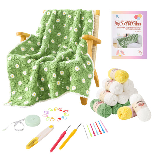 CSWCS Crochet Blanket Kit for Beginners, Daisy Granny Square Throw Kit for Adults, Easy Learn How to Knitting with Yarn & Hook, Complete Starter Set with Step-by-Step Instructions (39" x 31")
